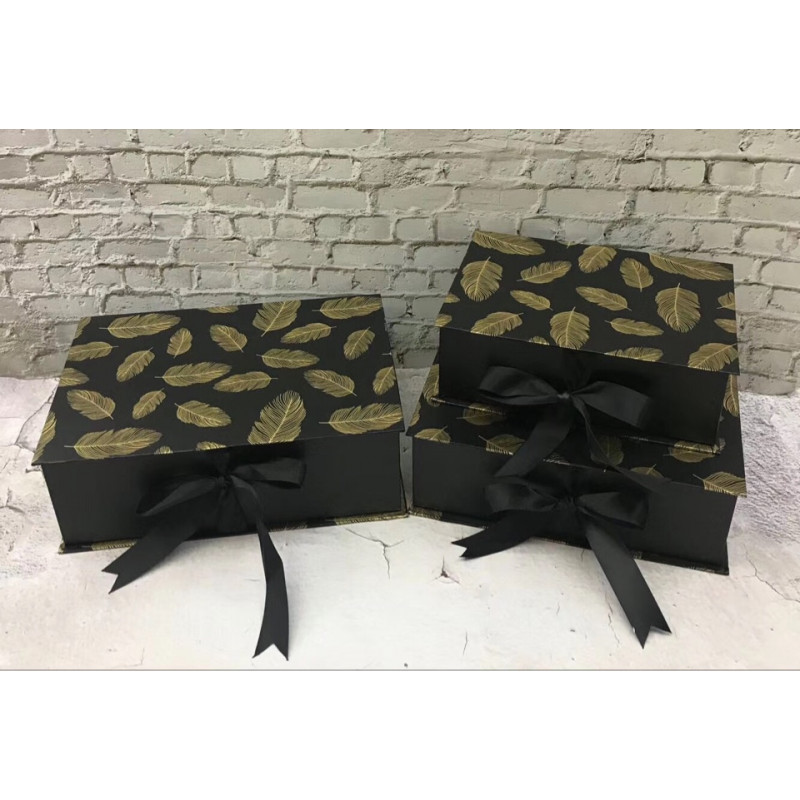 Коробки набор 3 шт. "Шкатулка с золотыми листьями" черный, 30*22*10
